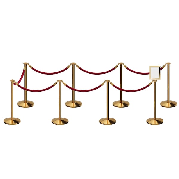 Montour Line Stanchion Post & Rope Kit Pol.Brass, 8FlatTop 7Maroon Rope 8.5x11V Sign C-Kit-7-PB-FL-1-Tapped-1-8511-V-7-PVR-MN-PB - main